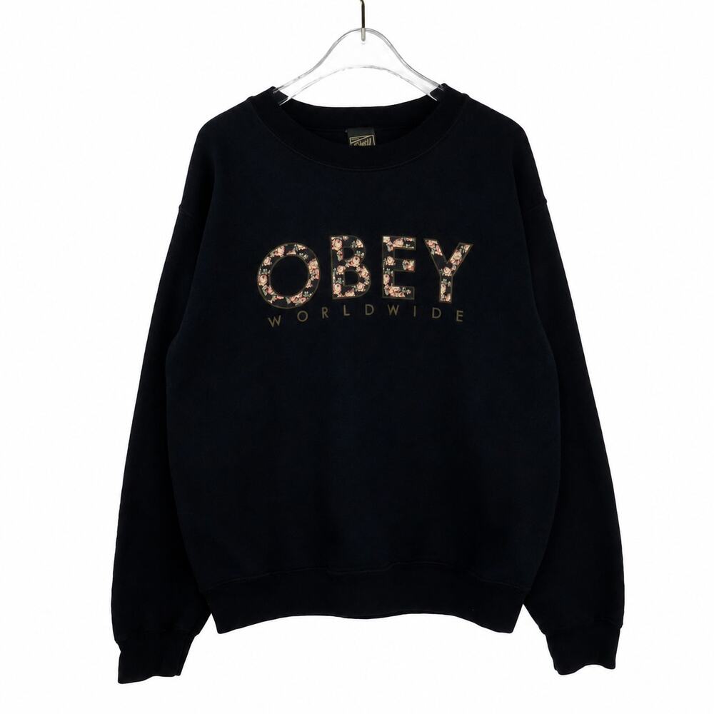 Obey Black Floral Logo Crewneck Pullover Sweatshirt Small